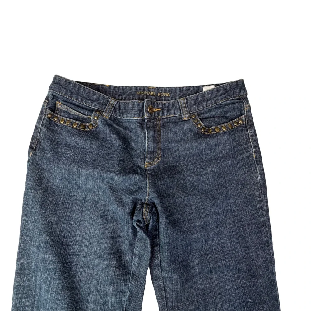 Michael Kors Flare Jeans Blue Studded Flap Pocket Y2K Western Moto Size 10